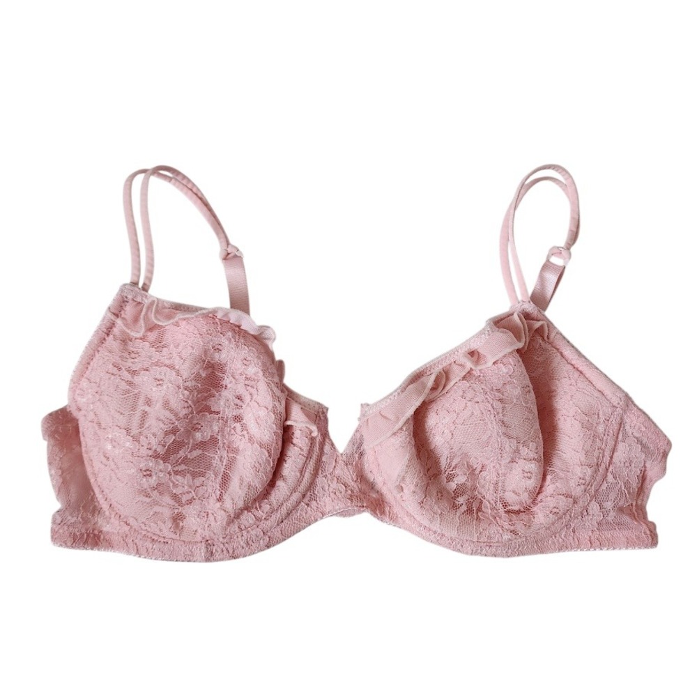 VTG 80's Pink Lace Underwire Bra 36C Ruffle Trim Cottagecore Soft Girl‎ Coquette